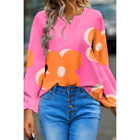 Lovely Rosetta Tops - Pink Large Floral Print Top